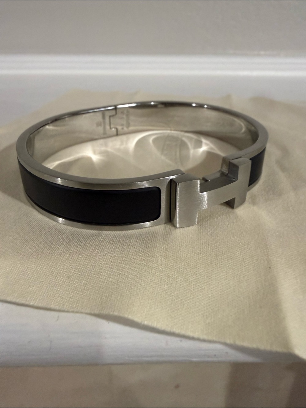 Hermes Silver-Tone Bracelet with Black Inlay